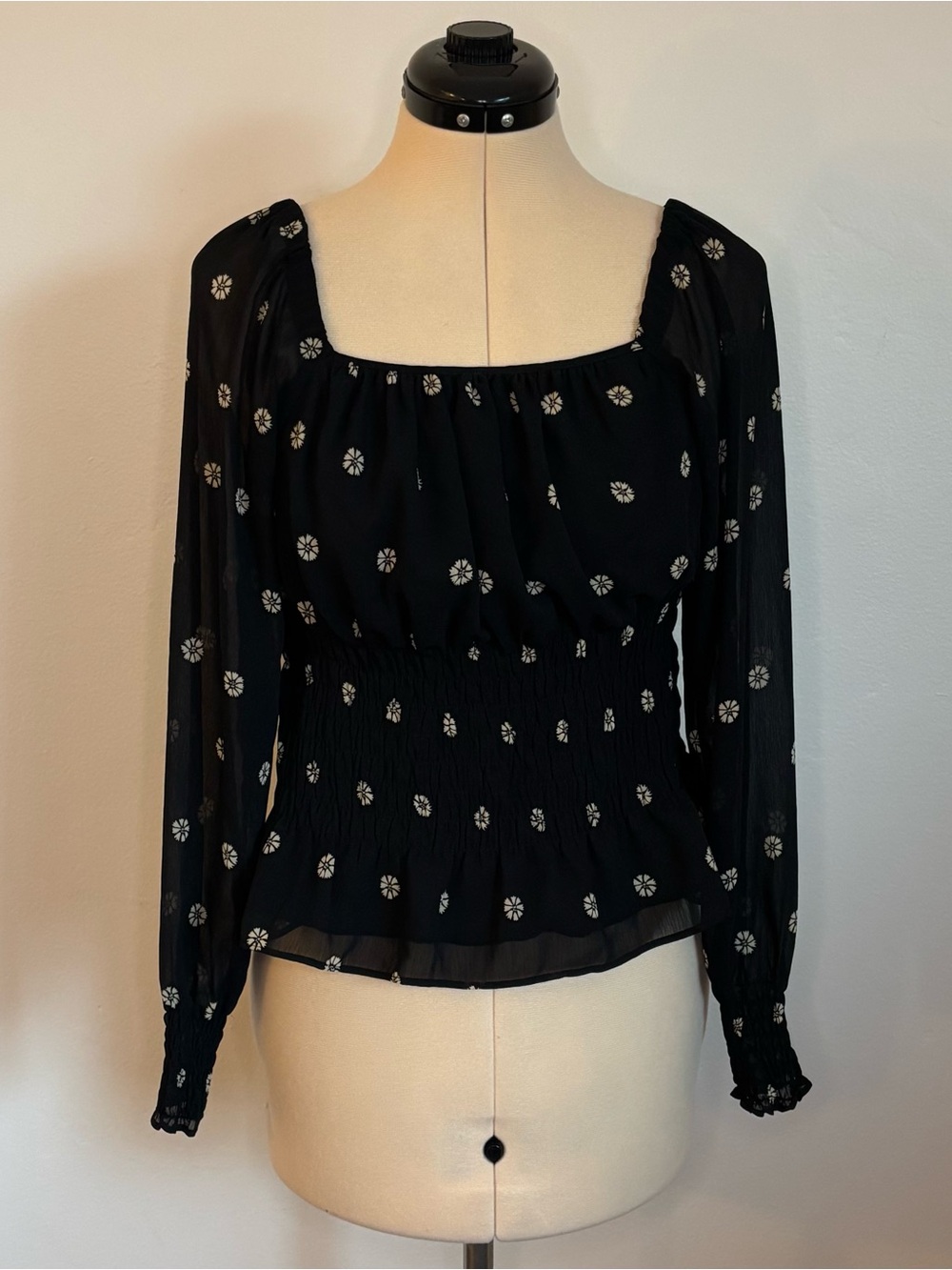 Madewell Black Beige Floral Sheer Square Neck Smocked Waist Peplum Blouse Top S